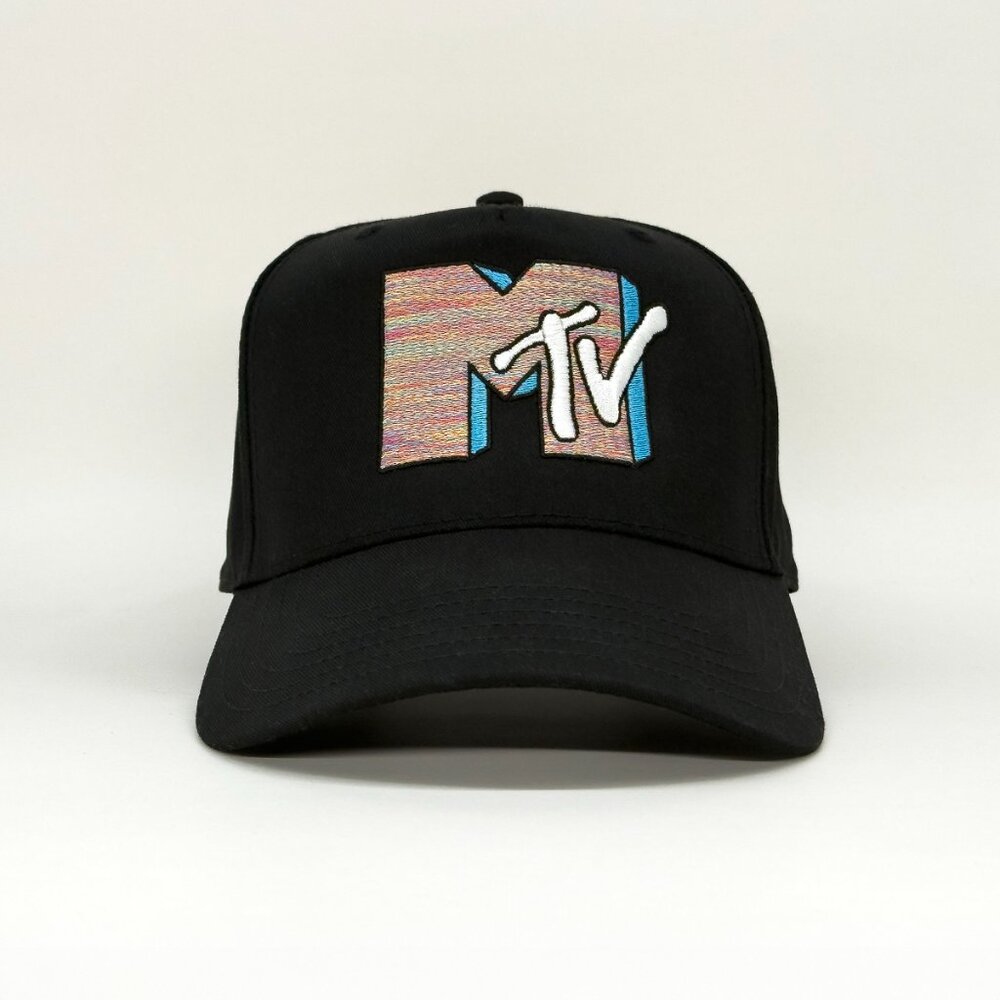 MTV Black Snapback Hat – Rainbow Static Embroidery, 90s Retro Streetwear Cap